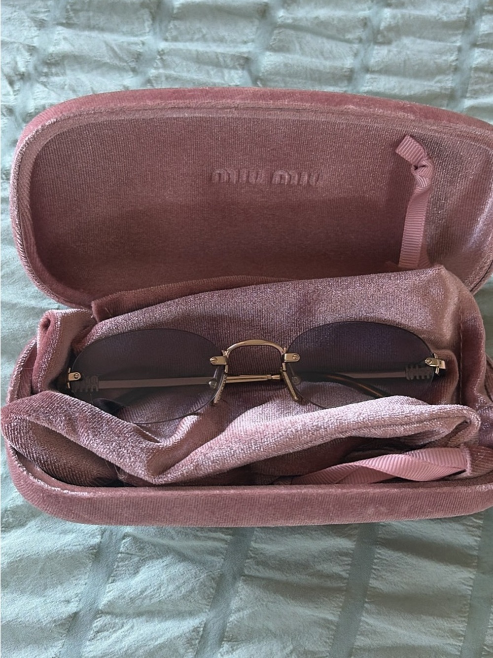 Miu Miu Rose Pink Velvet Sunglasses Case with Gold-Tone Accent